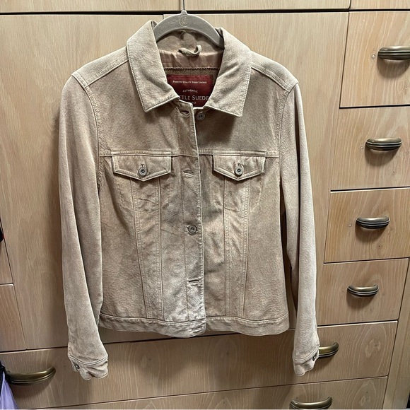 Eddie Bauer Washable Suede Tan Jean Jacket Classic Denim Style size M - Picture 1 of 12
